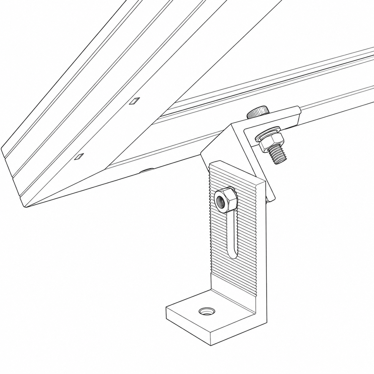 Dessin d’un support universel réglable fixé au cadre d’un panneau solaire Plug & Play par un boulon M8